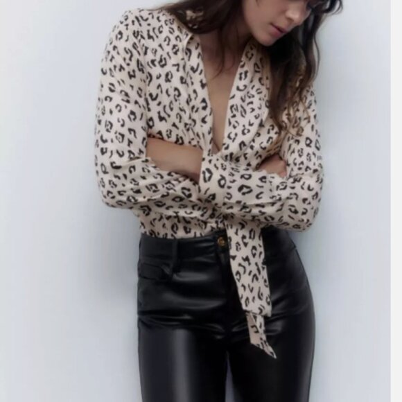 ZARA Oversized Leopard Animal Print Satin Tie Neck Blouse Top Shirt Sz M - Picture 7 of 10